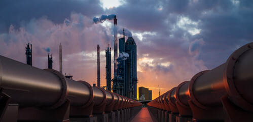 system of metal pipelines supplying gas to a modern factory