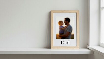 A framed photo with the word Dad on a white shelf for Father's Day. Family memory and love concept with a picture of a father and son. Minimalist home decor background with copy space