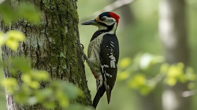 A vibrant woodpecker, showcasing its distinctive red, black, and white plumage, perches attentively on the rugged, moss-covered bark of a sturdy tree trunk. The bird meticulously probes the surface wi