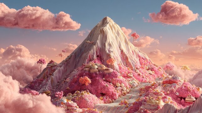 A whimsical mountain landscape, resembling a sugary confection, adorned with pink blossoms and fluffy clouds under a soft, dreamy sky