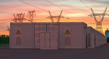 Electricity storage facilities against the backdrop of high-voltage transmission lines.3D rendering.