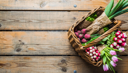Wicker Basket With Fresh Spring Vegetables And Tulips On Wooden Table With Copy Space