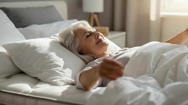 A contented senior woman with elegant white hair joyfully stretches her arms while waking up in a bright, sunlit bedroom. Lying comfortably in crisp white bedding, she smiles serenely, embracing the s
