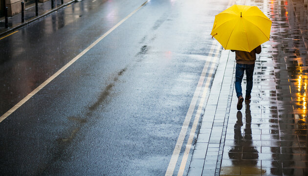 Person With Yellow Umbrella Walking On Wet City Street In Rain High Angle View