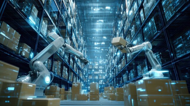 AI automation Robotic arms stacking boxes in a high-tech warehouse glowing interfaces seamless automation wide-angle shot crisp details sci-fi aesthetic
