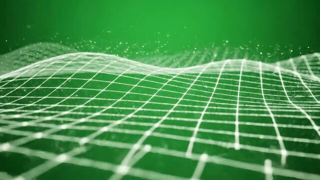 Abstract white grid landscape on a green background, representing technology and connectivity.