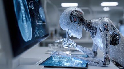 AI medical expert with robotic precision examining patient data streams advanced machine learning algorithms visualized as holograms sleek laboratory realistic