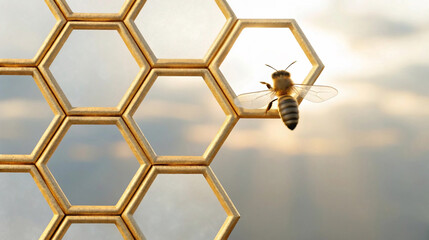 Honeycomb Structure with Bee Flying in Sky