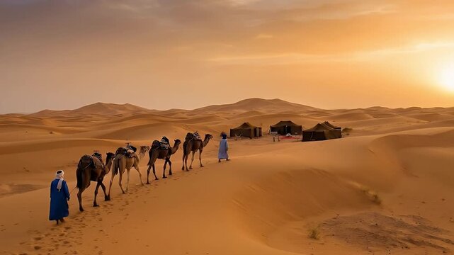 A breathtaking desert scene unfolds as a traditional caravan, with figures in flowing robes guiding a line of camels laden with supplies, slowly treks across endless golden sand dunes. The warm, ether
