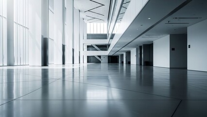 Modern architectural interior with reflective floors and natural light