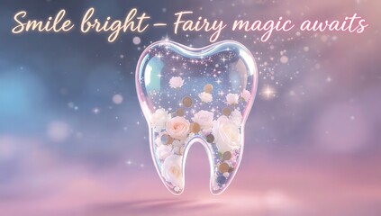 A whimsical illustration of a tooth filled with flowers and sparkles against a colorful background with a fairy tale theme