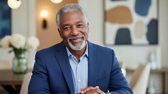 An elegant mature man with a distinguished grey beard and a crisp blue suit looks directly at the camera, offering a warm, genuine smile. He then gently closes his eyes, exhaling softly with a serene 
