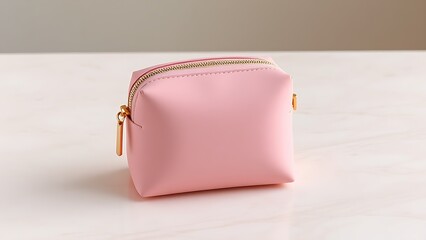 marbel. A pink cosmetic bag with a gold zipper rests on a smooth marble surface. lifestyle magazines, social media lookbooks, designed for influencer and brand collaborations.