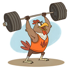 Muscular cartoon turkey lifting a heavy barbell
