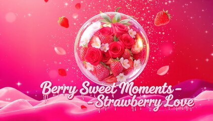 A vibrant illustration of strawberries and roses in a glass bowl on a pink background with sweet treats and decorations