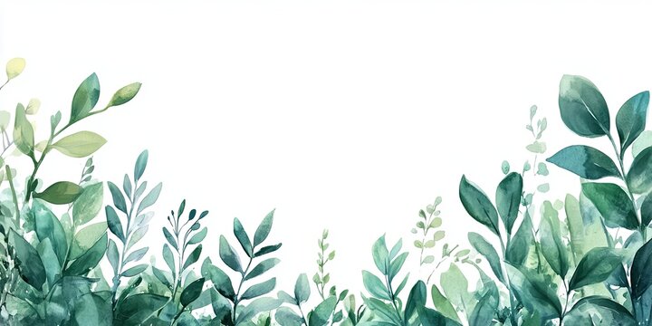 Beautiful watercolor green leaves border on white background
