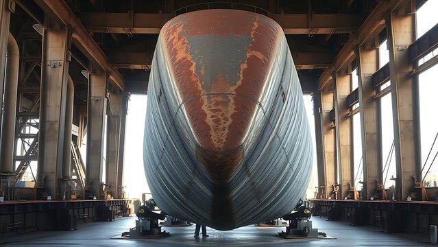 hydrologic. Massive steel caisson supported by jacks in an industrial dry dock setting. safety posters, maintenance manuals, designed for precision metalworking and fabrication facilities.