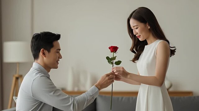 A heartwarming and intimate moment unfolds as a smiling man, kneeling in a domestic setting, presents a single vibrant red rose to a surprised and joyful woman. Her initial reaction of delight quickly
