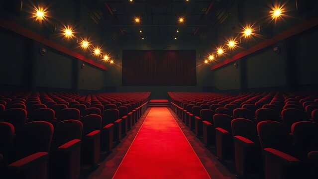 inclusively. Empty movie theater with red carpet aisle lit by golden light. lifestyle magazines, social media lookbooks, designed for influencer and brand collaborations, inspires lifestyle.