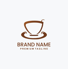 Brown cup icon with a coffee bean and rising steam.