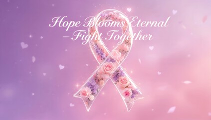 A pink and purple ribbon with flowers and text on a gradient background