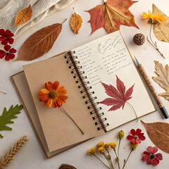 An autumn-themed flat lay featuring an open notebook, delicately pressed flowers