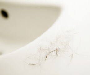 a few fallen hair strands scattered over a white bathroom sink