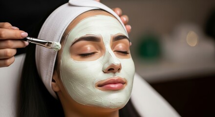 Young woman with headband receiving facial mask with brush in spa salon
