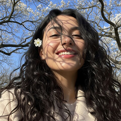 Young Woman Enjoying Springtime Outdoors with Cherry Blossoms