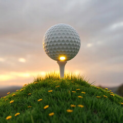 Golf Ball Illuminated by Sunset Glow on a Verdant Hill
