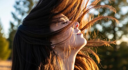 Woman with long dark hair tossing head in golden hour sunlight outdoors
