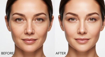 Mature woman with natural makeup, showing wrinkles before and smooth skin after cosmetic treatment.
