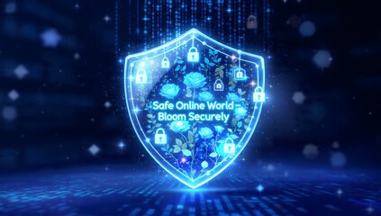 A glowing blue shield with locks and text on a dark background represents online security and safety