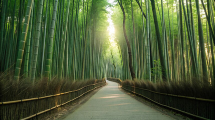 Serene Bamboo Forest Path with Sunlight Rays