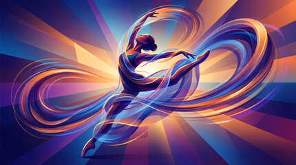 Energetic dancer swirling ribbons of light, neon motion trails and radiant burst, vibrant abstract performance art background in purple and blue gradients