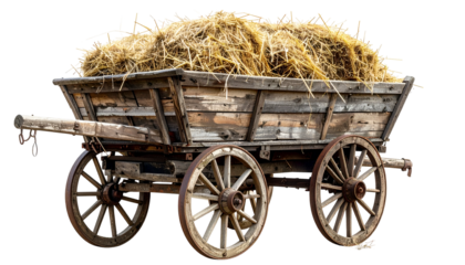 Rustic, weathered wooden wagon, filled with hay, showcasing an agricultural theme