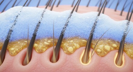 Microscopic view of hair follicles with cleansing foam and sebum in skin layer