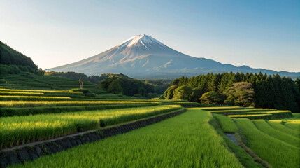 Majestic Mount Fuji towering over vibrant terraced rice paddies in Japan