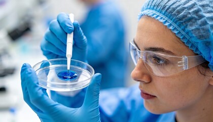 Female scientist in protective gear carefully pipetting a blue liquid into a petri dish in a modern research laboratory.