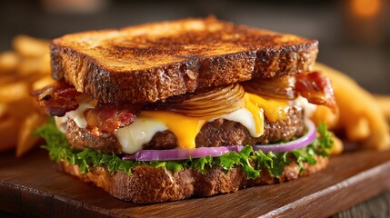 Fresh and delicious grilled cheeseburger with bacon and lettuce, ideal for food marketing and social media content creation.