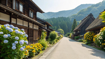 Picturesque Japanese Village Road Lined with Flowers