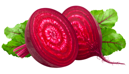 Two beetroot halves, vibrant red interior, with leafy green and pink stems on black