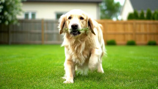 Golden retriever dog lying in green grassy backyard