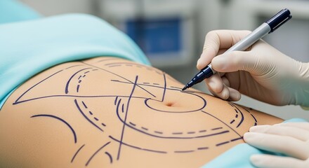 Cosmetic surgeon marking body lines with marker on patient's abdomen in sterile clinic, close-up detail.
