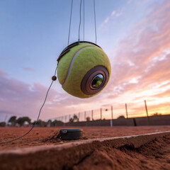 Tennis ball with a camera hanging in the air