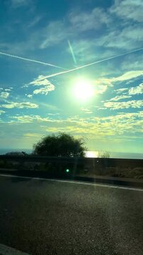 AP-7, 03560 Campello, Alicante, Spain
20.10.2025.
View from the car. Road in Spain on a sunny day. sunset on the road