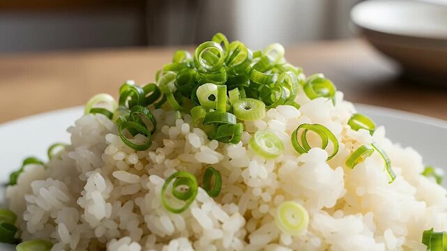 A visually appealing close-up shot of fluffy white rice generously garnished with vibrant, freshly chopped green onions. The delicate steam rising hints at a warm, freshly prepared dish, evoking a sen