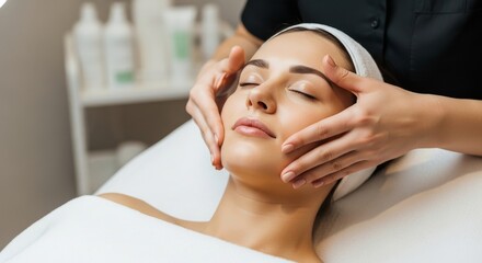 Young woman receiving a relaxing facial massage from a professional beautician in a clean spa setting.