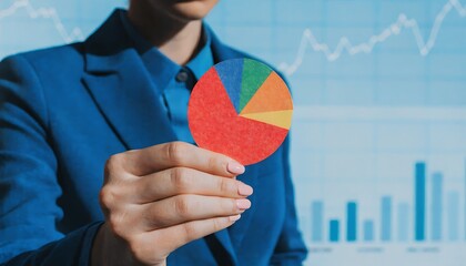 Businessman in blue suit presenting colorful 5-section pie chart
