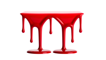 Two stylized, mirrored forms, appearing like melting, glossy crimson liquid on black